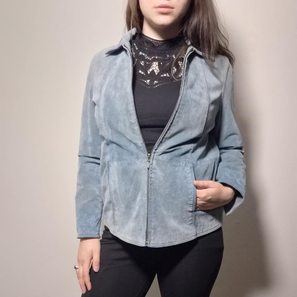 Coldwater Creek VTG Y2K Denim Blue 100% Seude Calf Leather Costal Cowgirl Jacket - Picture 3 of 15